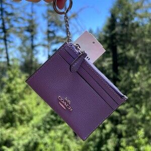 COACH Purple Leather Mini Skinny ID Case Keychain Wallet Silver Hardware NWT